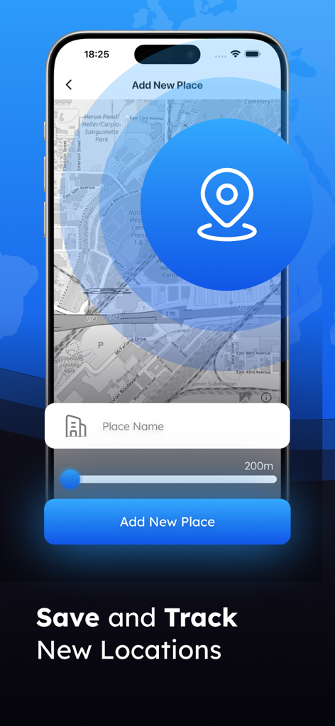 Phone Location GPS Tracker - The Loc365 app interface showing the Add New Place screen with a map and a 200 meter geofence radius selection.