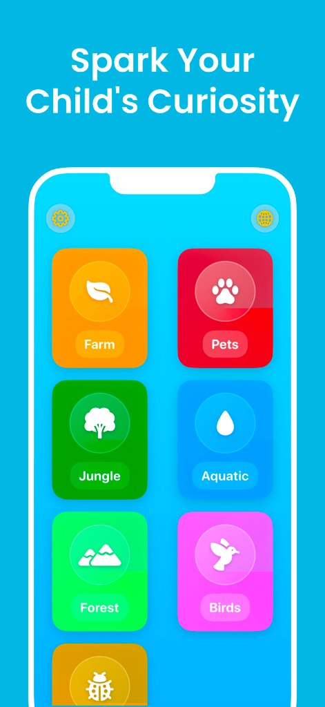 KM Animal Sounds: Learn & Play - Main menu of the KM Animal Sounds educational app showing animal habitat categories
