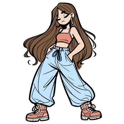 girl in baggy pants crop top and long hair