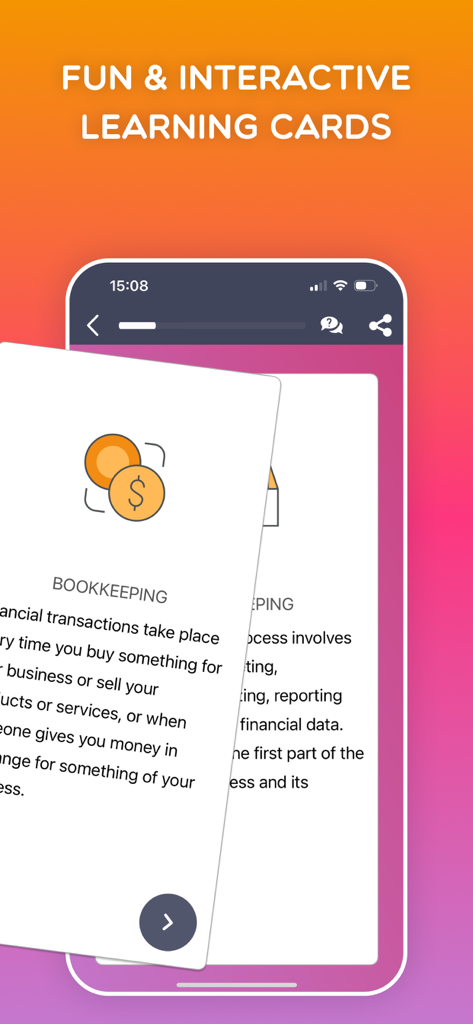 eLearning Courses: HerVenture - A mobile app screenshot showing an interactive flashcard about bookkeeping for women entrepreneurs.