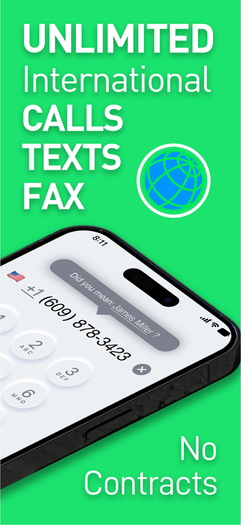 2nd Phone Number: Burner.: App - App interface showing unlimited international calls texts and fax with no contracts