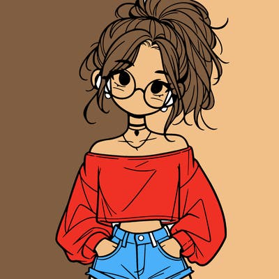 girl with a messy ponytail glasses a baggy crop top and jean shorts