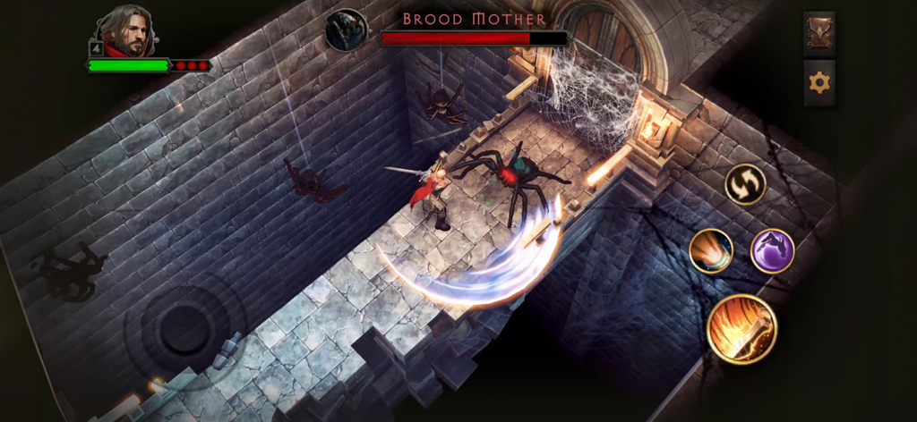 Shadowborn - A warrior hero uses a sword to battle a giant spider boss named Brood Mother in a dark stone dungeon.