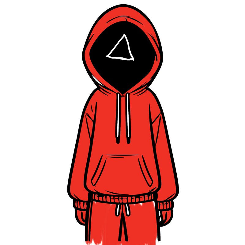 faceless girl in a tracksuit with a hood on and no hair
