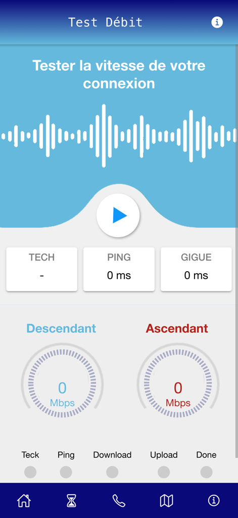 Saytu Réseaux - Interface de l'application Saytu Réseaux montrant un écran de test de vitesse de connexion avec des jauges de ping et de téléchargement