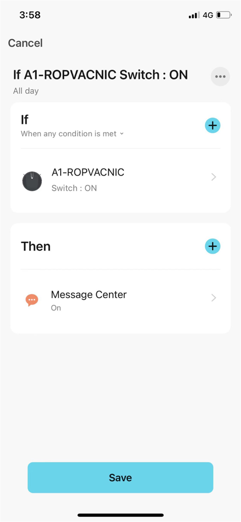 ROPVACNIC - ROPVACNIC app automation settings screen showing if then logic for robot vacuum control