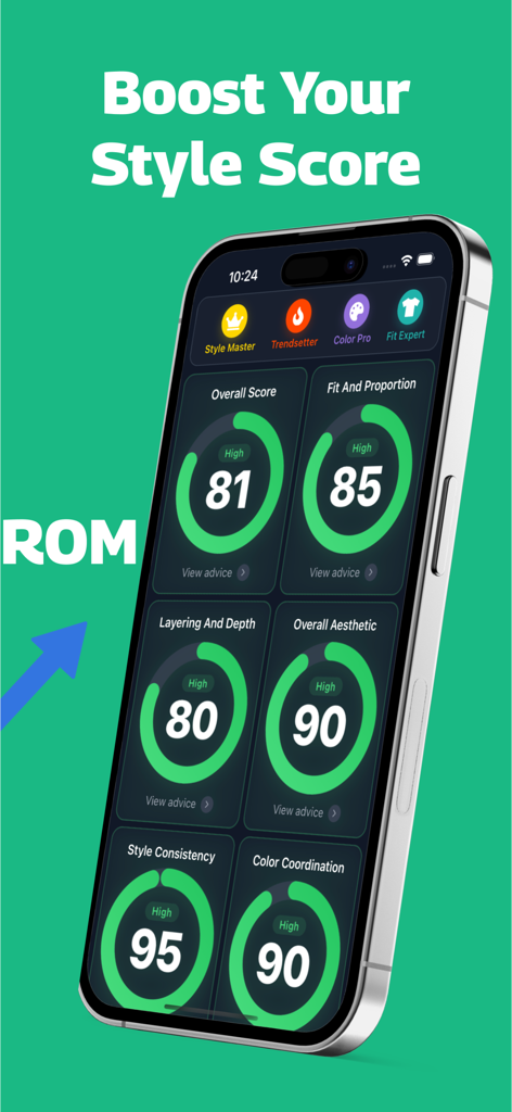 Outfit Planner: AI Outfit - Screenshot der KI Outfit Planner App mit Stilmetriken, einschließlich Gesamtästhetik und Farbabstimmungs-Scores