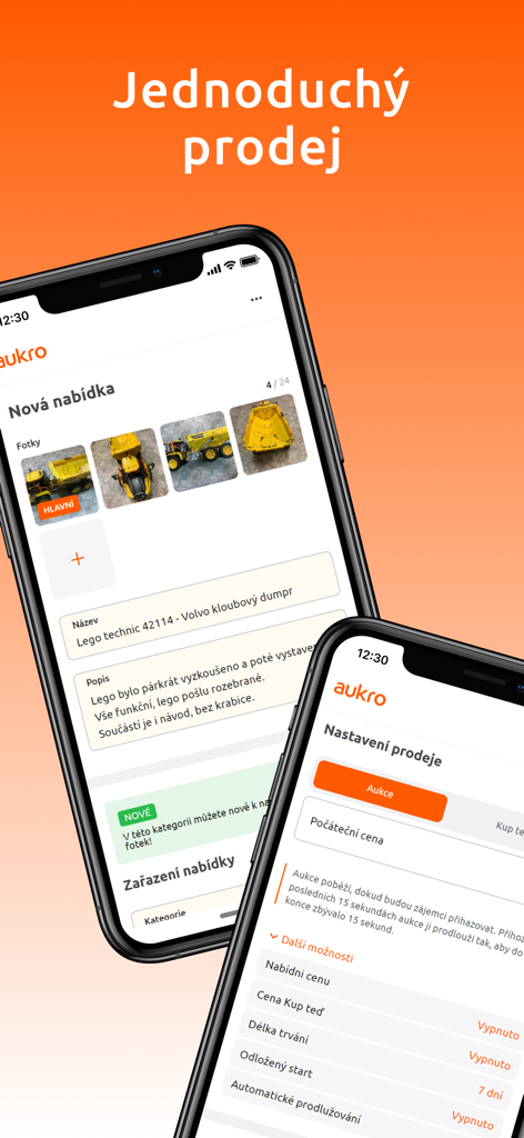 Deux écrans de téléphone portable montrant l'interface de l'application Aukro pour créer une nouvelle annonce d'enchère avec des photos et des paramètres de prix.