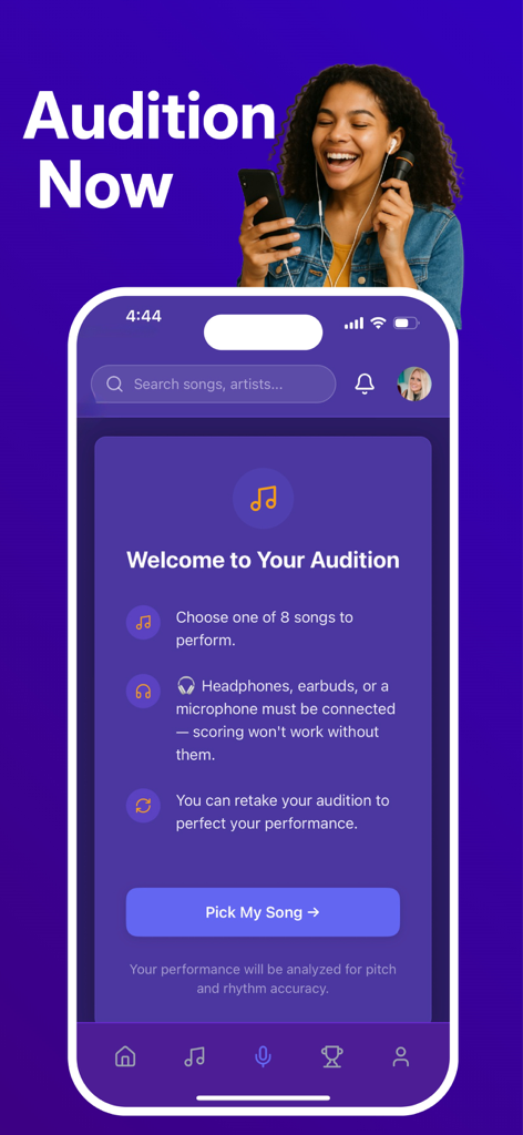 Singing League: AI Vocal Judge - Uma interface móvel para o aplicativo Singing League intitulada Bem-vindo à sua Audicão com um vocalista segurando um microfone