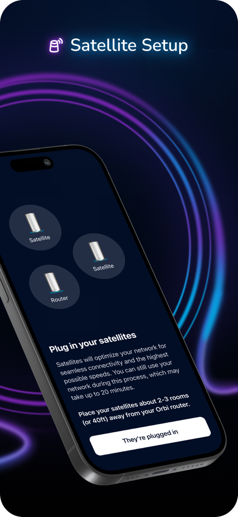 NETGEAR Orbi app satellite setup screen with instructions for mesh WiFi placement