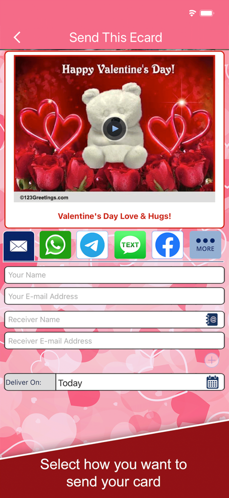 A mobile app screen for sending a Valentines Day eCard featuring a white teddy bear and red roses with options to share via WhatsApp Facebook and email