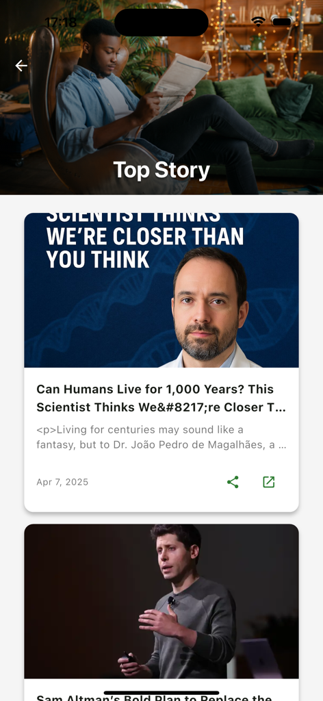 Interfaccia dell'app mobile di Rwanda Tech News che visualizza un feed di articoli su scienza e tecnologia