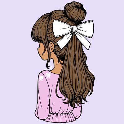 realistic girl  with hip length hair a bun and a big bow on the back of head