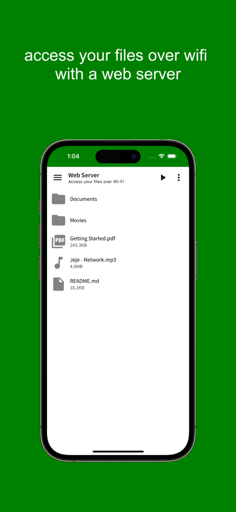 Interfaz de la aplicación Sync que muestra la función de servidor web para acceder a archivos móviles a través de Wi-Fi.