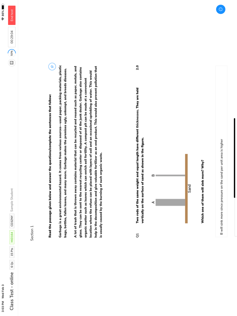 AssessPrep iPad 앱 (환경에 관한 과학 문제 및 읽기 자료가 포함된 온라인 학생 평가 표시)