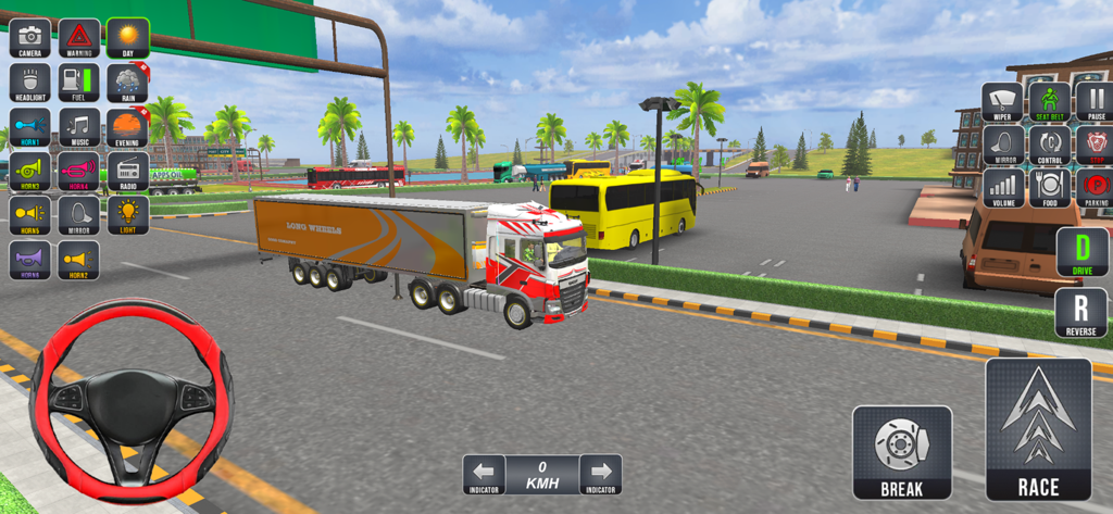 US Cargo Truck Driving 3D Game - Captura de pantalla del juego de un camión de carga blanco y rojo en una carretera de la ciudad con controles de conducción en pantalla en un juego de simulación 3D.