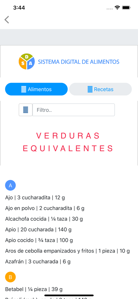 Sistema Digital de Alimentos - モバイルアプリのインターフェースには、重量と分量が表示された野菜の等価物のリストがスペイン語で表示されています。