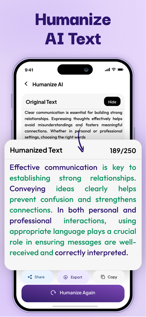 Interface of the Humanize AI app showing original and humanized text comparison