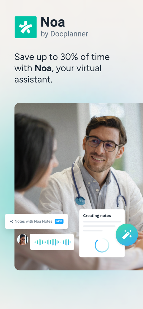 Ein Arzt verwendet die virtuelle Assistentenfunktion Noa, um medizinische Notizen während einer Patientenberatung zu automatisieren