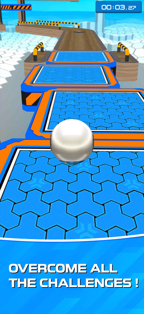A white ball rolling on a blue tiled 3D obstacle course with a sky background