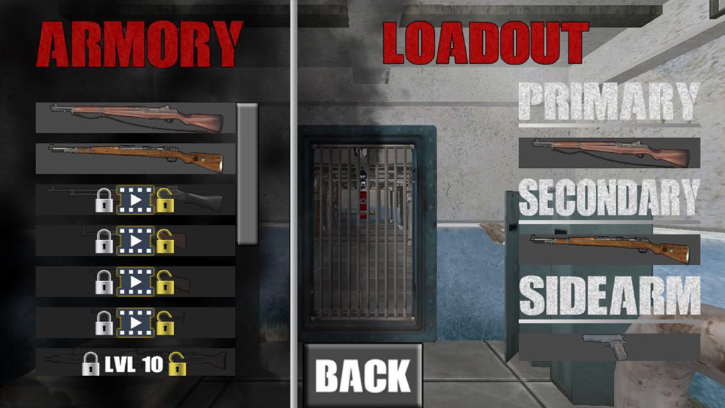 Schermata dell'armeria e del loadout in Soldiers of Valor con fucili e pistole dell'era della Seconda Guerra Mondiale