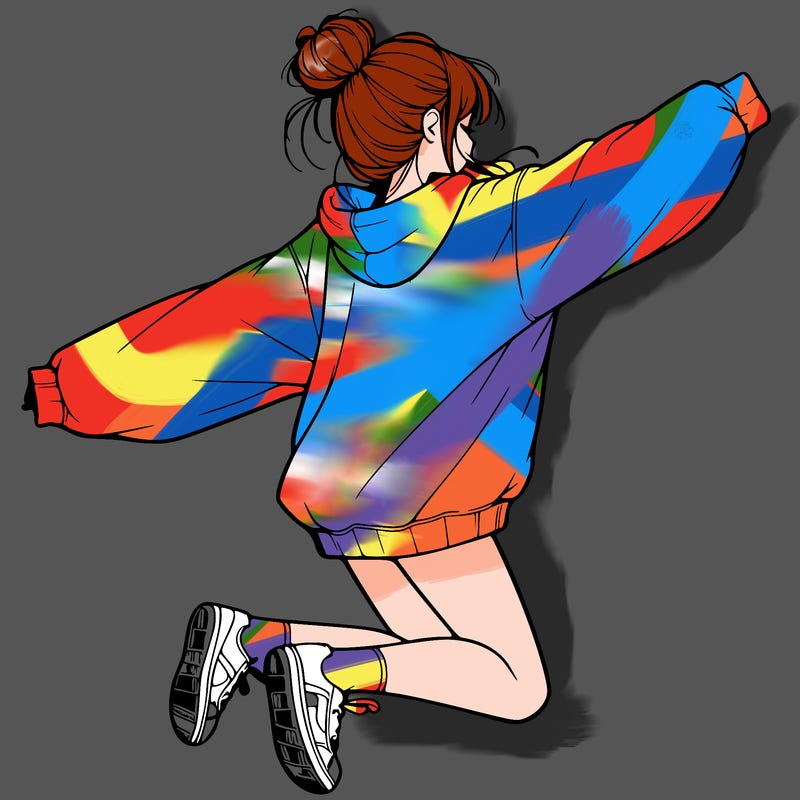 realistic girl jumping with a bun and oversized sweatshirt