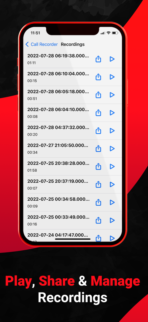 RecordACall - Call Recorder - Oberfläche der RecordACall-App, die eine Liste von Anrufaufzeichnungen mit Wiedergabe- und Freigabetasten anzeigt