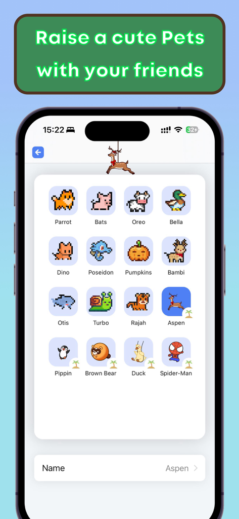 Island Pet & Island Wallpapers - Selection screen of the Island Pet app showing a variety of cute pixel art characters to choose from.