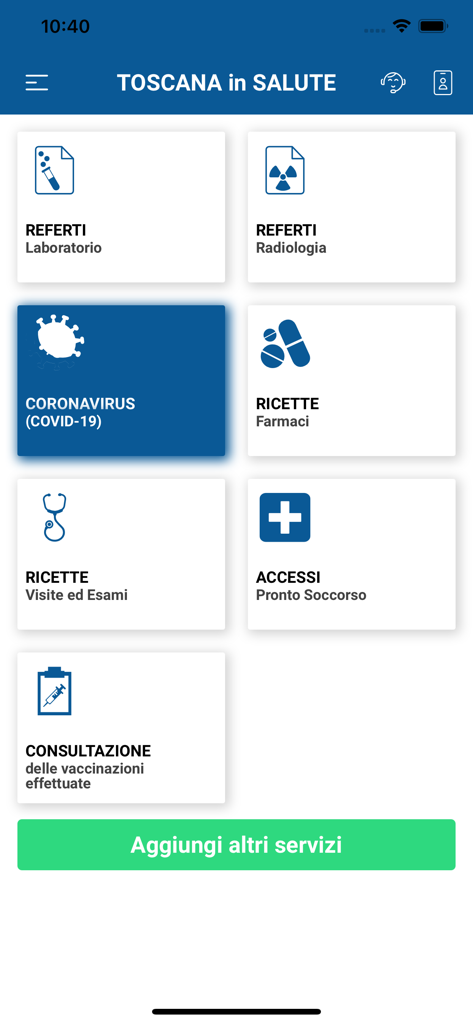 Main dashboard of the Toscana Salute mobile app showing health service categories like lab results and prescriptions