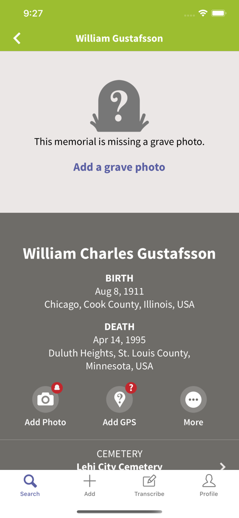Find a Grave - Find a Graveアプリのスクリーンショット。William Charles Gustafssonの記念碑記録が表示されており、写真とGPS座標を追加するオプションがあります。