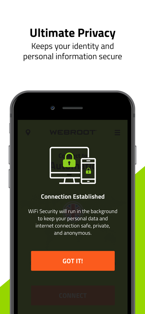 Webroot WiFi Security and VPN app interface showing connection established for ultimate privacy.