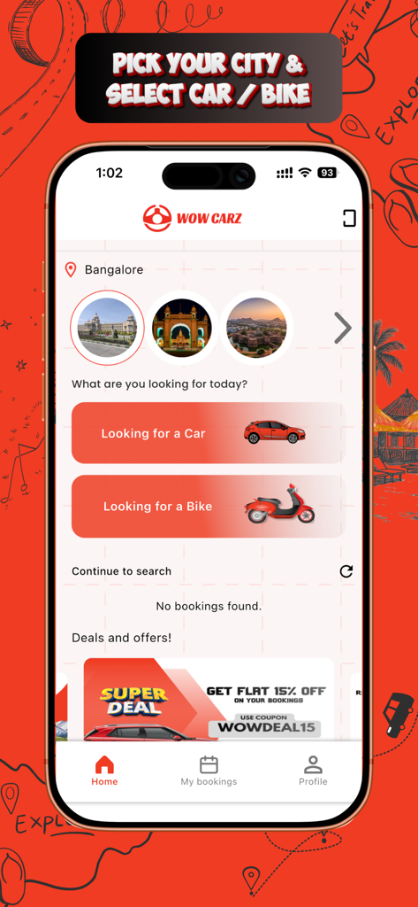 Wowcarz -Self drive car rental - 특별 할인 혜택이 있는 벵갈루루의 자동차 및 자전거 렌탈 옵션을 보여주는 Wowcarz 앱 홈 화면