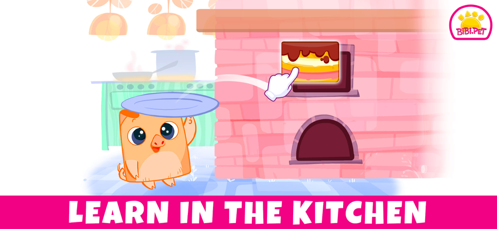 Bibi Toddler Learning Games 2+ - Bibi Pet character baking a cake in a kitchen learning game for toddlers.