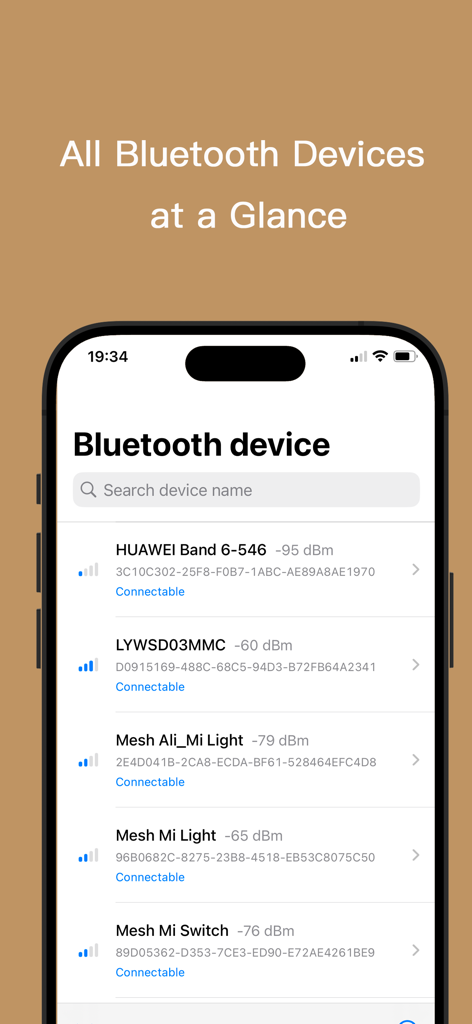 BLE蓝牙助手 - Lista de dispositivos Bluetooth escaneados com força do sinal no BLE Debug Assistant