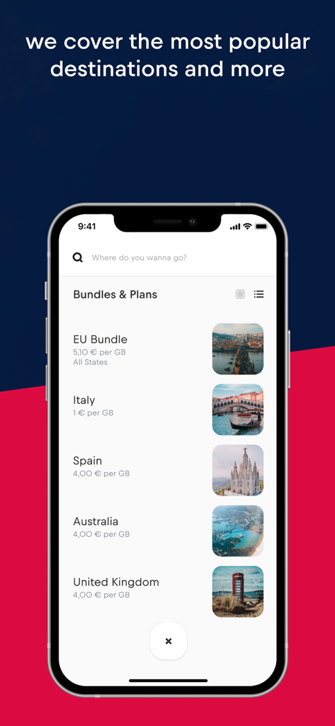 Red Bull MOBILE Data: eSIM - Smartphone screen showing a list of international eSIM data bundles for countries like Italy, Spain, and Australia in the Red Bull MOBILE app.