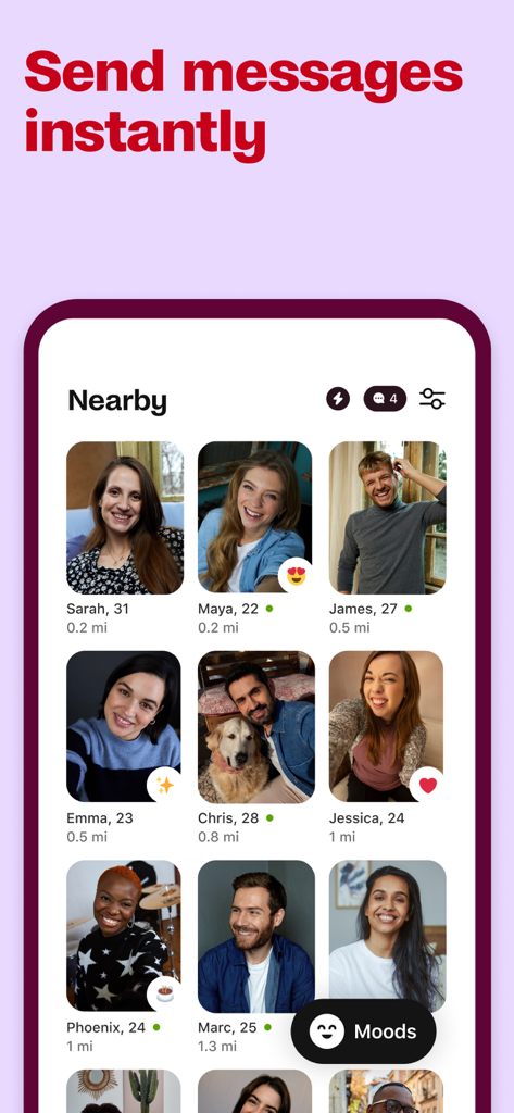 Badoo Premium - Badoo app interface showing a grid of nearby user profiles with their names, ages, and distances.