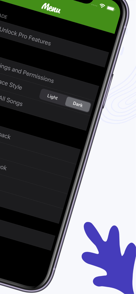 Practice Player - Slow Songs - Settings menu of the Practice Player app showing the appearance style toggle and options to unlock pro features in dark mode