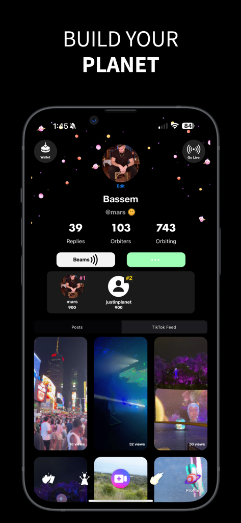 Reinbow - Écran de profil de l'application Reinbow intitulé Build Your Planet montrant les statistiques d'utilisateurs pour Orbiters et une grille de vidéos.