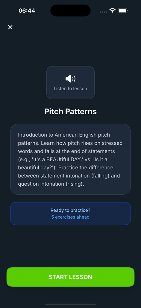 Intro screen for American English pitch patterns lesson in the Accent Training app
