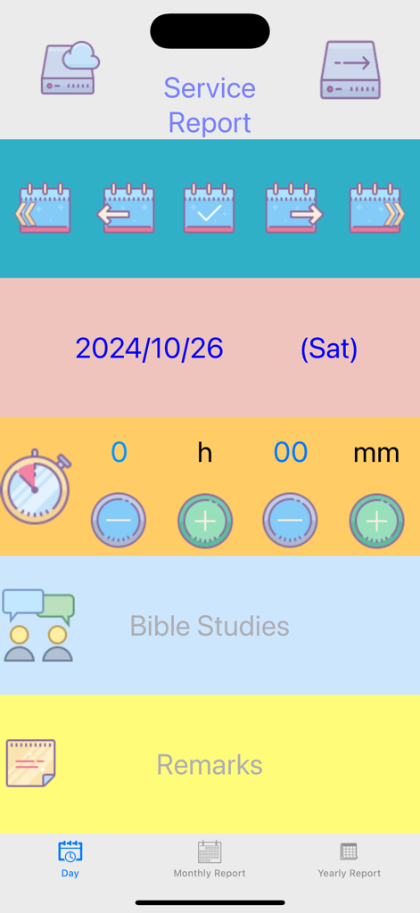 Daily service report entry screen for tracking preaching hours and bible studies