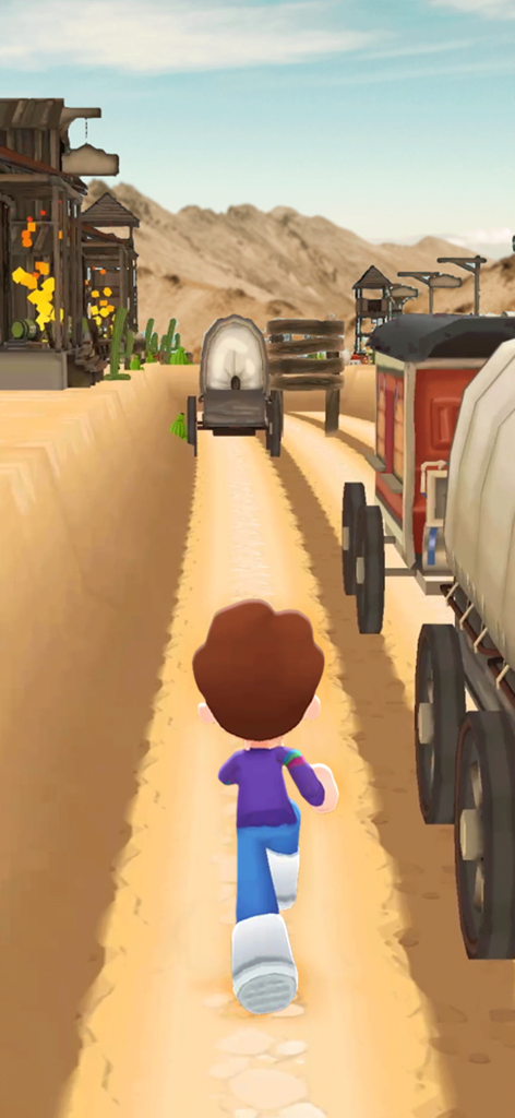 Kooply Run: Subway Craft - カバー付きワゴンと木造建築のある西部開拓時代風の砂漠の峡谷を走るキャラクター。