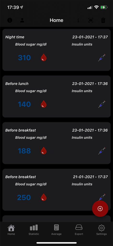 Home screen of the blood sugar diary app displaying a list of glucose logs for breakfast and lunch in dark mode