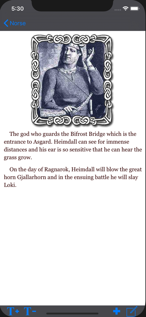 Pagan Deities - An informational page about the Norse god Heimdall with an illustration and descriptive text in the Pagan Deities app.