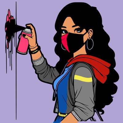 realistic girl with mask spray painting a wall