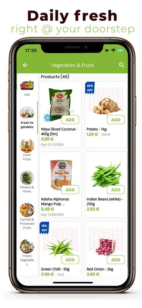 Annachi - Annachi app interface displaying a variety of fresh ethnic vegetables and fruits for online grocery shopping