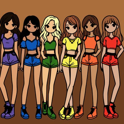 a group of girls wearing crop tops and shorts