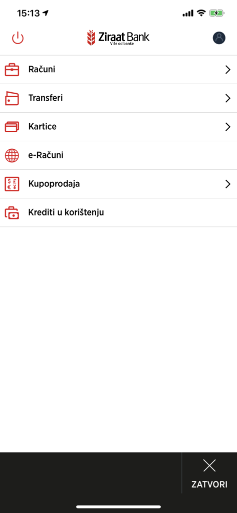 Main menu of the Ziraat Bank BH mobile banking app showing account and transfer options in Bosnian