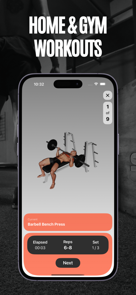 Gym Genius app interface showing a 3D model performing a barbell bench press with real-time rep and set tracking