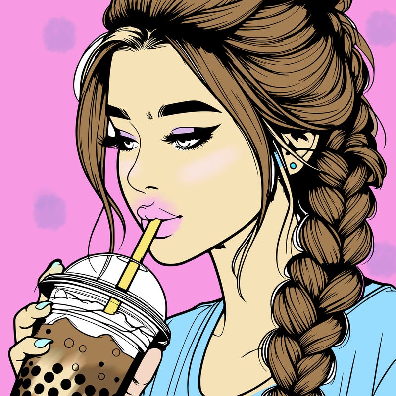realistic girl drinking boba tea with braided hair