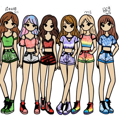 a group of girls wearing crop tops and shorts